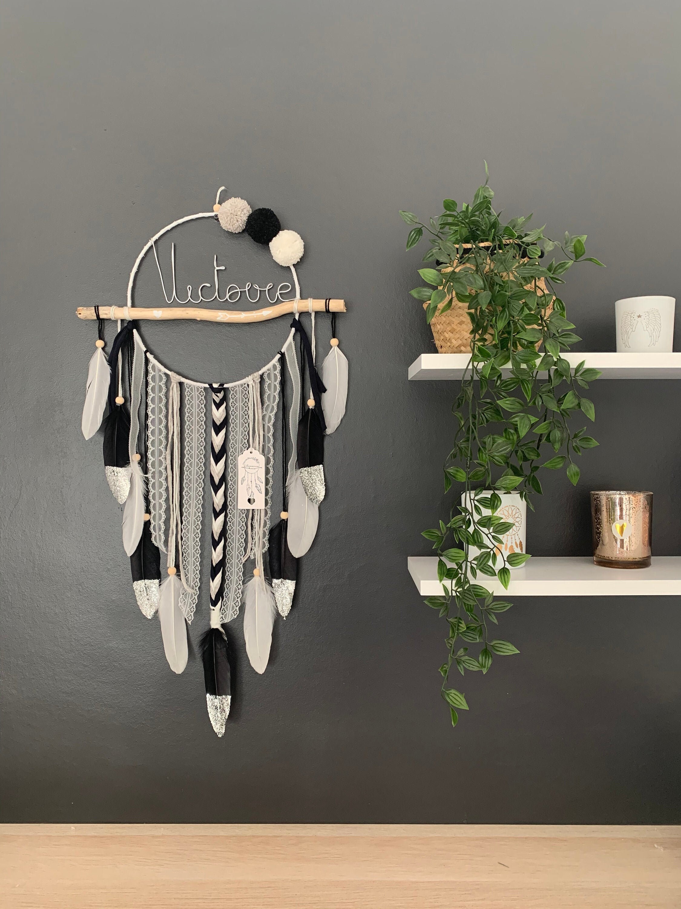 Grand Attrape Rêve Prénom Noir/ Gris/ Blanc