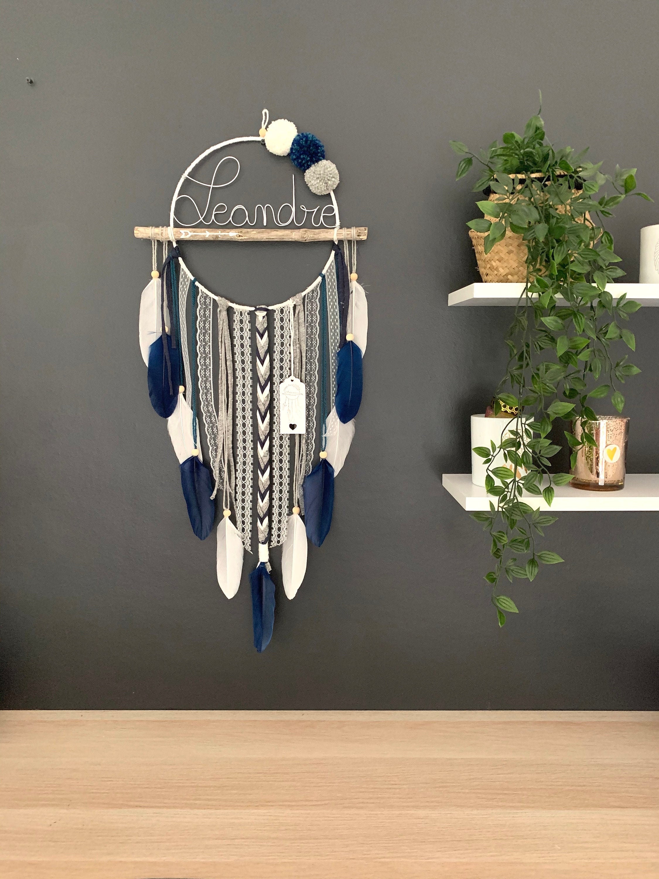 Grand Attrape Rêves Prénom Bleu Marine/ Gris/ Blanc