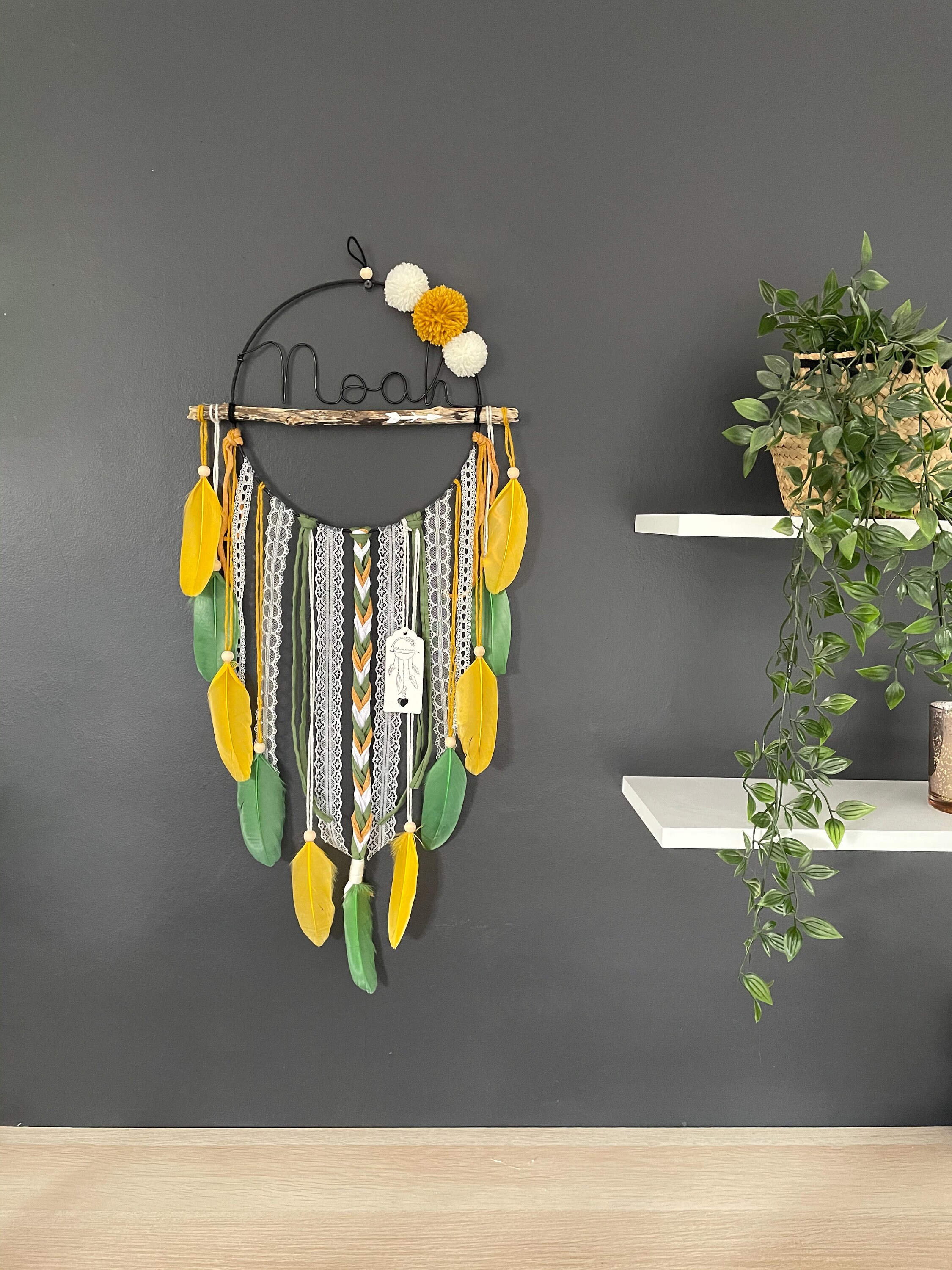 Grand Attrape Rêves Prénom Kaki/ Moutarde et Blanc