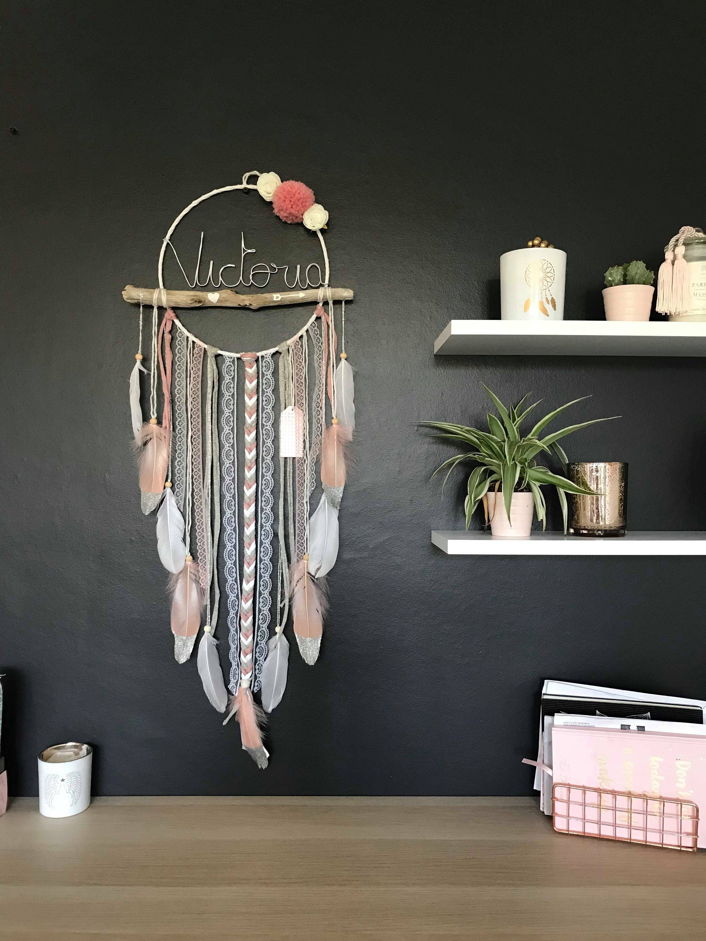 Grand Attrape Rêves Prénom Rose/ Blanc/ Gris