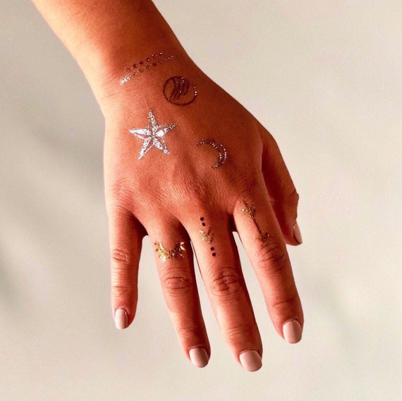 Tatouages Détoile Et De Lune En Orargent Petites Icônes Pictogrammes 3 Ensembles De 7 Tatouages Temporaires