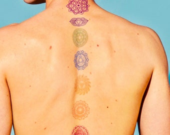 Chakras Temporary Tattoos - Spiritual tattoo design, rainbow, multicolor, energy, meditation, relaxation (2 sets x 7 tattoos = 14 Tattoos)