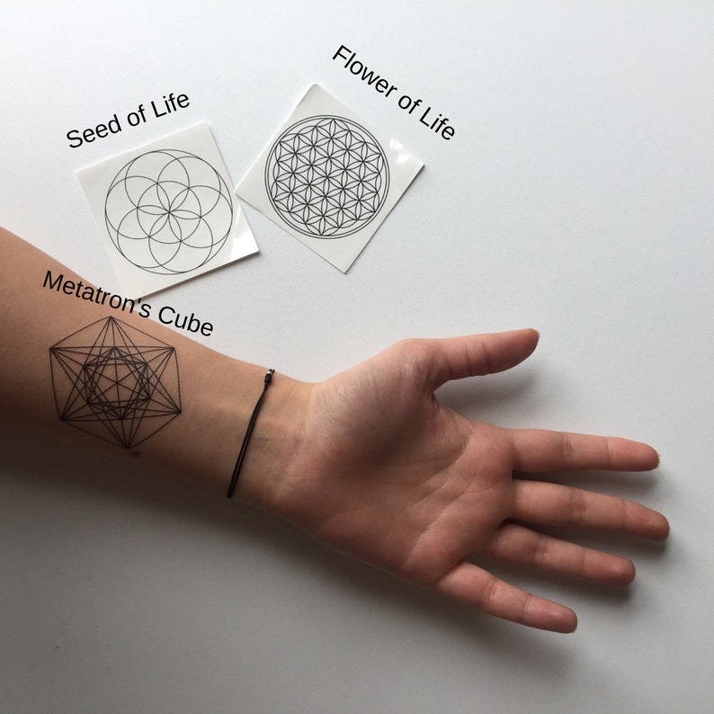 Sacred Geometry Tattoo Spritual black line metatron's cube, seed of life and flower of life temporary tattoos, set of 2 image 2