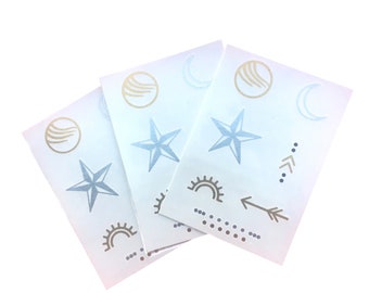 Star & Moon Tattoos in Gold/Silver | Small icon pictograms, 3 sets of 7 temporary tattoos