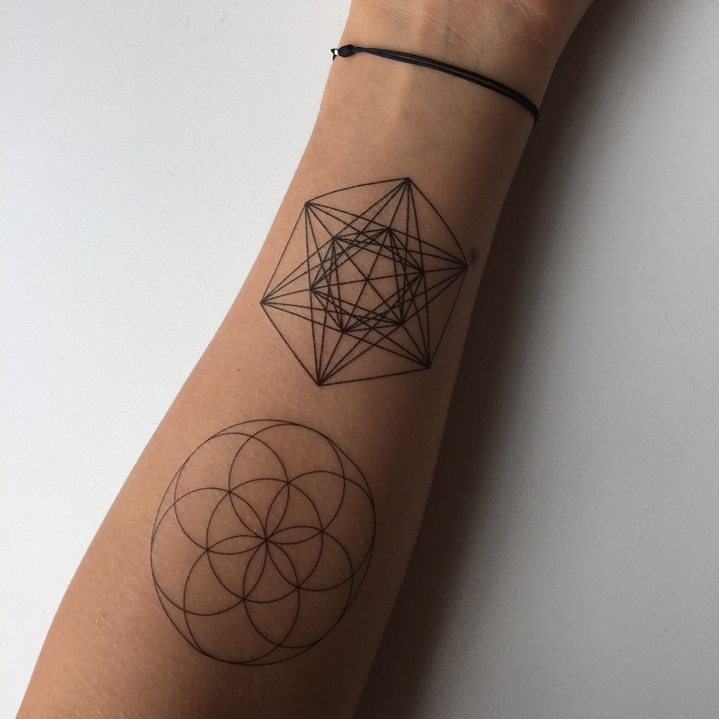Sacred Geometry Tattoo Spritual black line metatron's cube, seed of life and flower of life temporary tattoos, set of 2 image 3