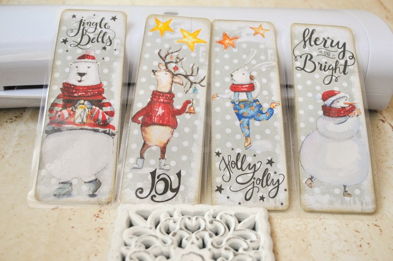 4 Christmas watercolor look bookmarks | paper bookmarks | shabby bookmarks | Christmas bookmarks | ephemera tag image 1