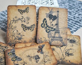 8 Kraft paper shabby look  butterflies cards | Ephemera  paper tags | Distressed cards | Scrapbook tags | Scrapbook embellishment