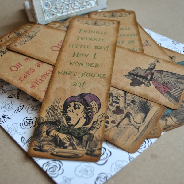 8 Large  Alice in wonderland bookmarks | Kraft brown bookmarks | Vintage look bookmarks | Alice bookmarks |  ephemera tag | Paper bookmarks