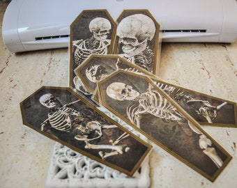 6 coffin skull bookmarks | laminated waterproof paper bookmarks | creepy look bookmarks | skull bookmarks | coffin tag | Paper bookmarks