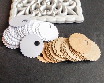 100 blank scalloped round paper tags | circle paper tags |  cardstock round tags | simple paper tags | white blank tags | favor gift tags |