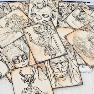 Gothic Papier ATC / ACEO Karten | Horror Illustrationen Papieranhänger | Gothic Scrapbook Verzierung | Gothic Geschenkanhänger | Totenkopf Krähe Reaper