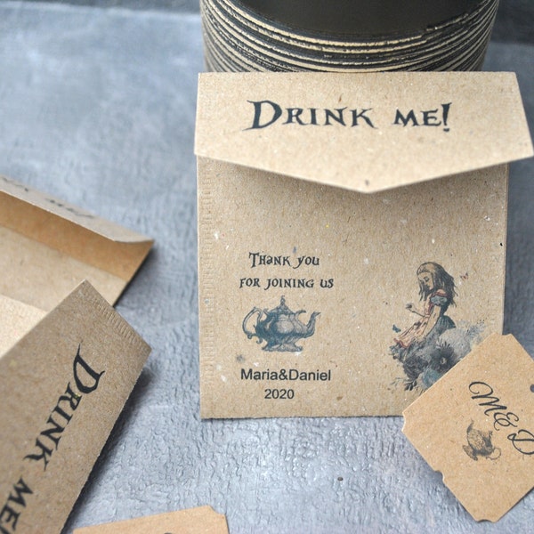 Custom wedding tea bags and tags, personalized  paper tea envelopes, Alice in Wonderland theme 25 qty