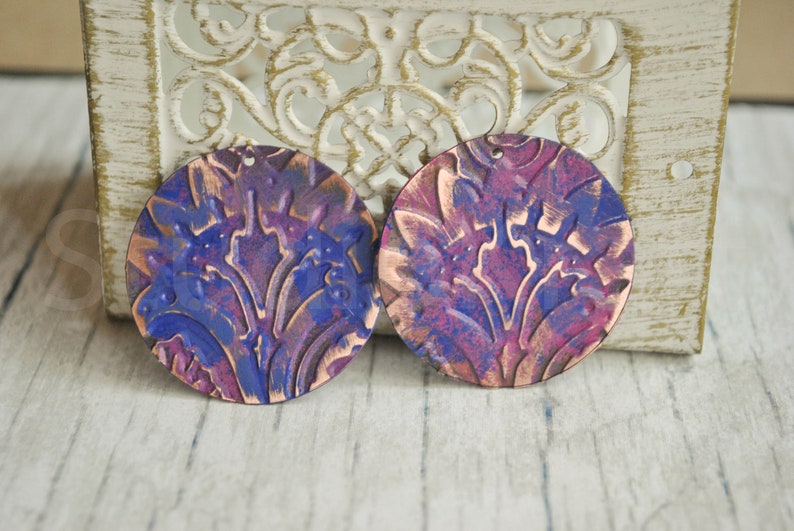 rustic raw copper embossed round pendants Amethyst patina embossed copper circles for earrings 1 Pair Artisan textured copper coins