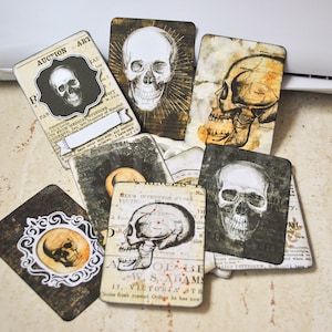 ACEO atc Tarjetas de papel gótico / Etiquetas de papel Calaveras / Etiquetas góticas / Adorno de álbum de recortes gótico / Etiquetas de regalo góticas / Aspecto en mal estado / Cuervo calavera