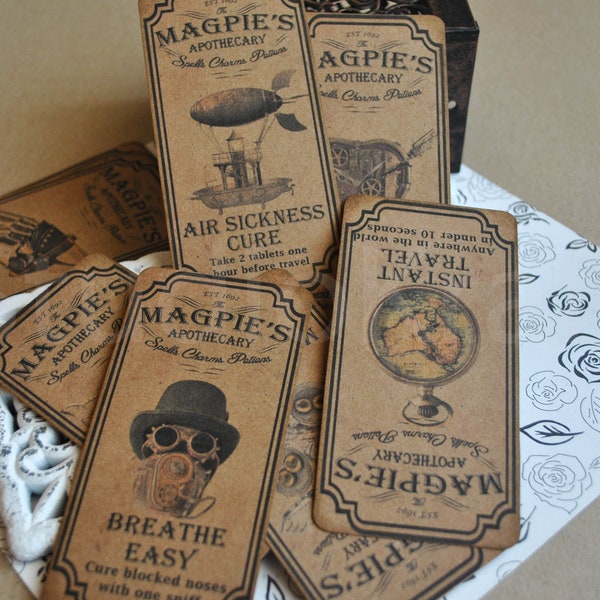 Steampunk paper cards | steampunk witches apothecary cards | steampunk labels | steampunk scrapbook embellishment | steampunk gift tags