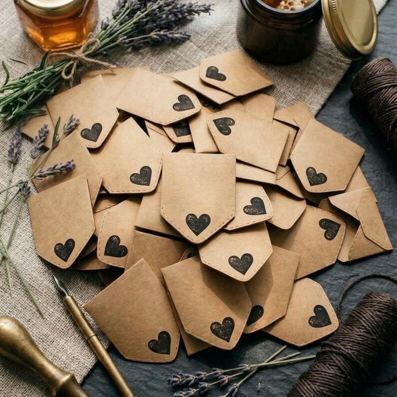 May include: A collection of small, light brown paper envelopes, each featuring a stamped black heart design. The envelopes are arranged in a pile alongside a metal dip pen, a bundle of dried lavender, and a spool of dark brown twine.