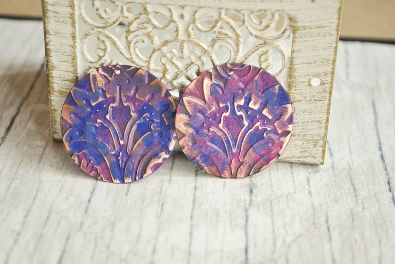 rustic raw copper embossed round pendants Amethyst patina embossed copper circles for earrings 1 Pair Artisan textured copper coins