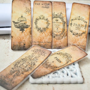 6 Segnalibri parigi look shabby / romantici segnalibri di carta / Segnalibri look vintage / segnalibri bottiglie / segnalibri squallidi / tag ephemera