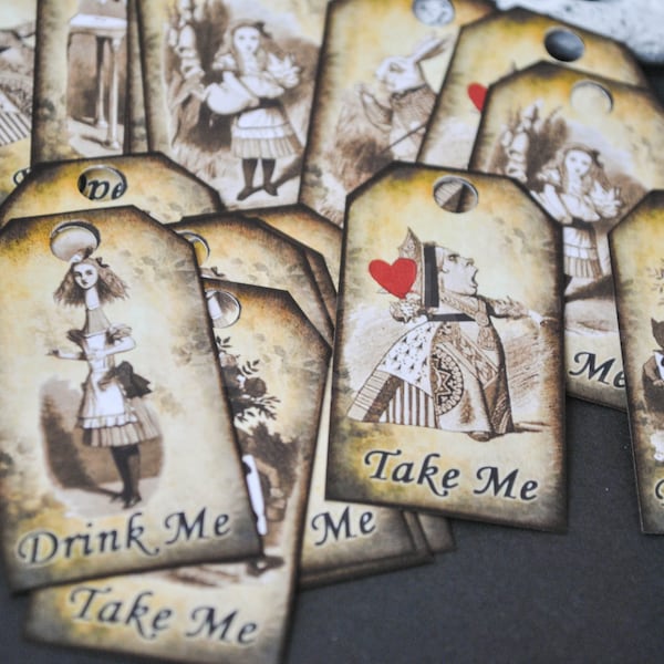 24 Alice in wonderland  paper tags | rectangle paper tags | simple paper tags | drink me, eat me, open me, take me tags