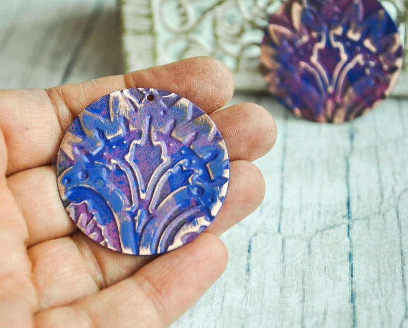 rustic raw copper embossed round pendants Amethyst patina embossed copper circles for earrings 1 Pair Artisan textured copper coins