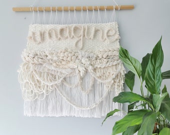 White Wall Hanging, Woven Decor, Minimal Bohemian