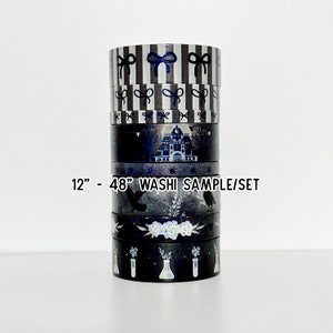 May include: A set of six black and white washi tapes with various spooky Halloween designs. The tapes feature a haunted house, crows, potion bottles, and bows. The text on the label reads "12" - 48" WASHI SAMPLE/SET".