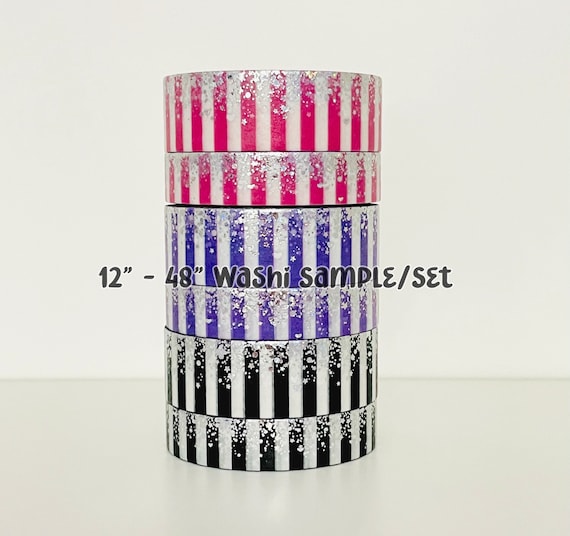 Pink & White Candy Striped Bow washi set (15/10mm + silver glitter