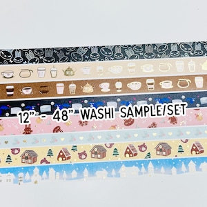 May include: A set of 10 washi tape samples, each 12 inches long and 48 inches wide. The tapes feature various designs, including bunnies, coffee cups, bats, candy canes, gingerbread houses, and winter scenes. The text "12" - "48" WASHI SAMPLE/SET" is printed on the tapes.