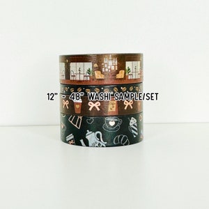 May include: Three rolls of brown and black patterned washi tape with coffee and cafe themed designs. The tape is 12" - 48" washi sample/set.