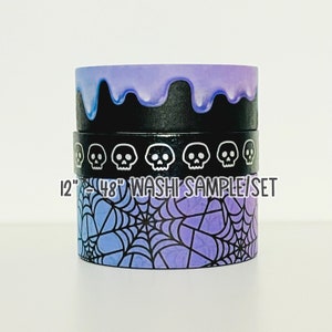 May include: A stack of washi tape rolls with Halloween-themed designs. The top roll has a dripping purple and blue design. The middle roll features white skulls on a black background. The bottom roll has a blue and purple spiderweb design. Text on the image reads "12"-48" WASHi SAMPLE/SET".