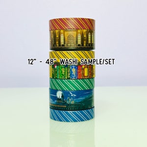 May include: A set of five 12-inch washi tape rolls featuring Harry Potter themed designs. The rolls are stacked on top of each other and include designs of a castle, books, and a striped pattern.