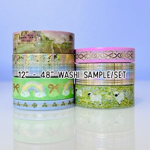 May include: A set of 12" - 48" washi tape samples. The tapes feature a variety of designs, including a pink tape with gold hearts, a green tape with rainbows and a blue tape with shamrocks. The text "WASHI SAMPLE/SET" is printed on one of the tapes.