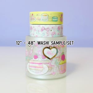 May include: A stack of decorative washi tape rolls. The top roll is yellow with tea and dessert illustrations. The middle roll has a floral and bow pattern. The bottom roll features cake and strawberry designs. Text on the image reads "12" - 48" WASHi SAMPLE/SET."