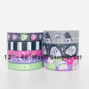 May include: A set of eight rolls of Halloween themed washi tape. The tape features various designs including ghosts, bats, skulls, and crows. The tape is 12 inches long and 48 inches wide.