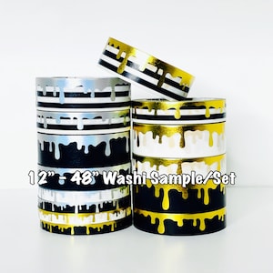 12&quot; - 48&quot; Cookie Sticker Co Drip Washi Black w Holo Black w Gold Black & White Stripes  - Washi Sample