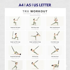 May include: A workout guide with illustrations of TRX exercises. The guide includes exercises such as squats, lunges, and rows, with instructions for reps and sets. The text at the top reads "TRX WORKOUT" and "FOR WOMEN FULL BODY 45 MIN".