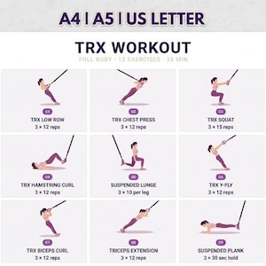 May include: A workout guide with the text "TRX WORKOUT" and exercise illustrations. The guide includes exercises such as TRX Low Row, Chest Press, Squat, Hamstring Curl, Suspended Lunge, Y-Fly, Biceps Curl, Triceps Extension, and Suspended Plank.