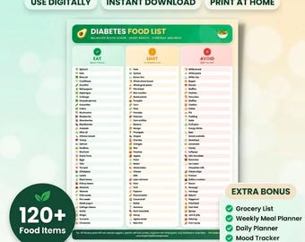 Diabetes Food List Printable, Type 2 Diabetic Food Chart, Eat Limit Avoid, Low Glycemic Foods, Grocery List & Weekly Meal Planner Bundle