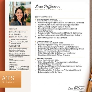 May include: A professional curriculum vitae for Lena Hoffmann, displaying a headshot, contact information, educational background, and financial work experience. The document is structured with clear headings for professional history, skills, and languages, marked as ATS friendly.