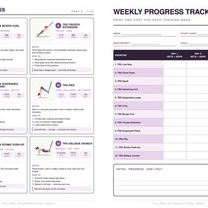 May include: A workout plan with illustrations of exercises, including TRX bicep curls, triceps extensions, and suspended planks. The plan also features a weekly progress tracker with space for sets, reps, and notes. The text "The 12 Exercises" is at the top.
