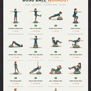 Könnte beinhalten: Ein Trainingsleitfaden mit 16 Übungen mit einem BOSU-Ball. Der Leitfaden enthält Illustrationen jeder Übung, wie z. B. Balance-Stand-Halten, Beinheben-Balance und Plank-Halten. Der Text oben lautet "BOSU BALL WORKOUT".