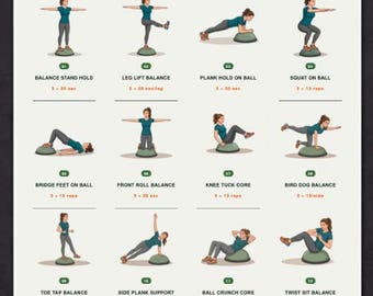 Bosu Ball Workout Plan Printable PDF | Full Body Balance & Core Exercises Poster | Home Gym Workout Chart for Women | A4 A5 US Letter