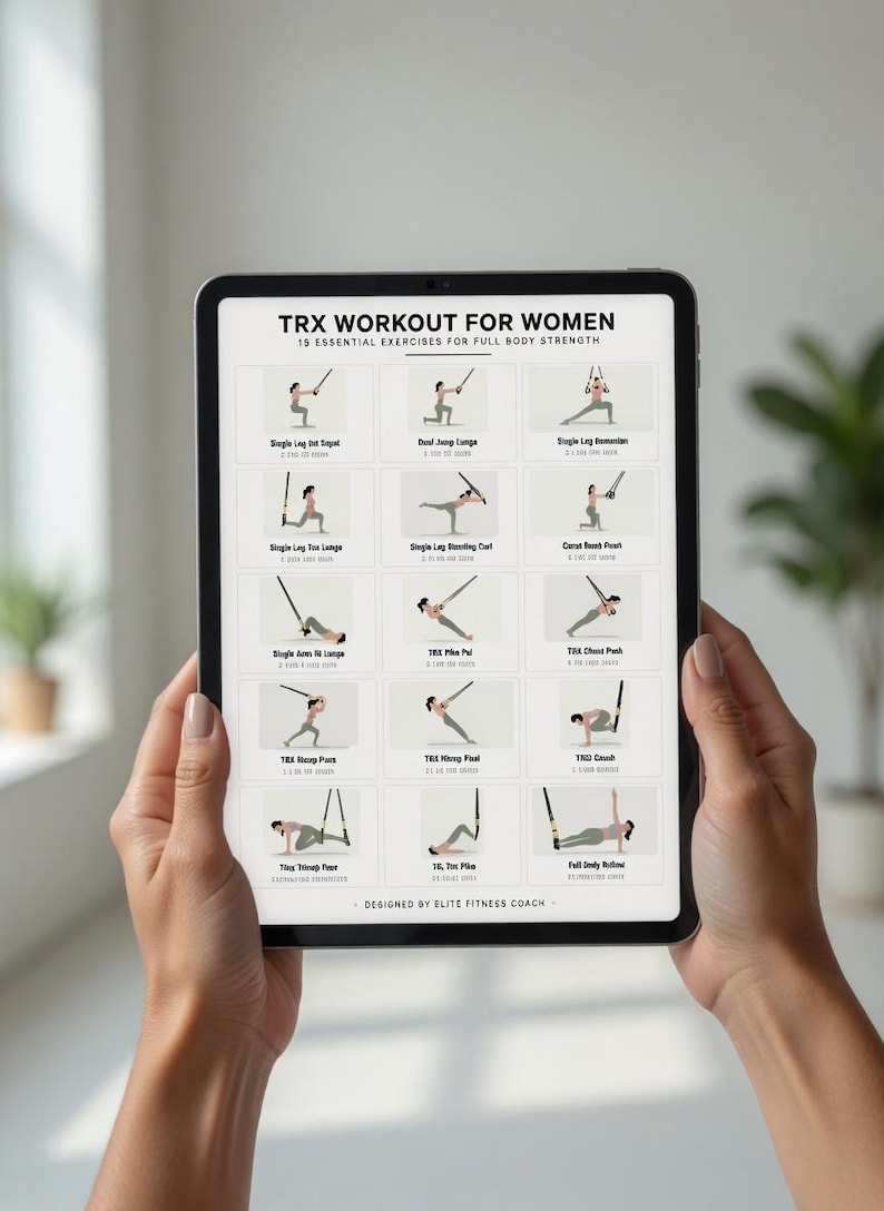 May include: A tablet displaying a TRX workout routine for full body strength. The screen shows 15 essential exercises with illustrations. The text at the top reads "TRX WORKOUT FOR WOMEN". The tablet is held by a person.