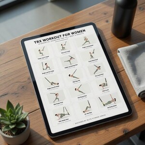 May include: A digital tablet displays a TRX workout routine for women, featuring 18 essential exercises for full-body strength. The tablet is on a wooden surface, accompanied by a black water bottle, a gray towel, and a small potted succulent.