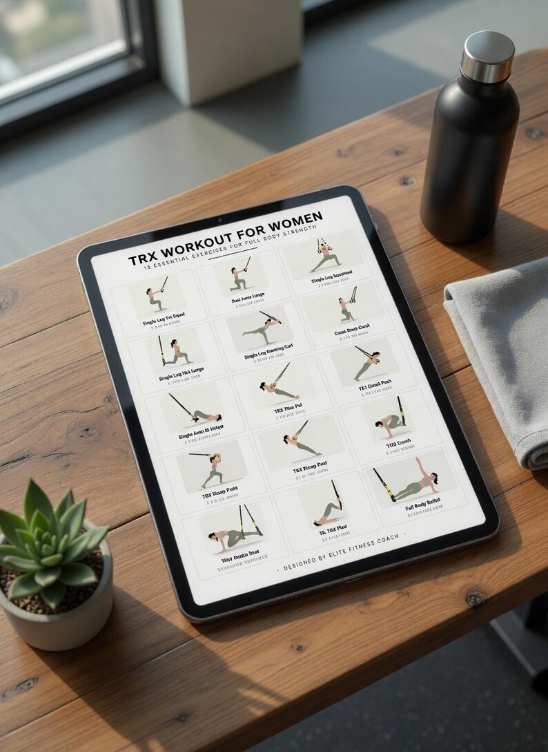 May include: A digital tablet displays a TRX workout routine for women, featuring 18 essential exercises for full-body strength. The tablet is on a wooden surface, accompanied by a black water bottle, a gray towel, and a small potted succulent.