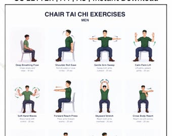 Chair Tai Chi for Men, Seated Tai Chi Exercises Printable PDF, Low Impact Chair Workout for Seniors, Balance & Mobility Wall Chart