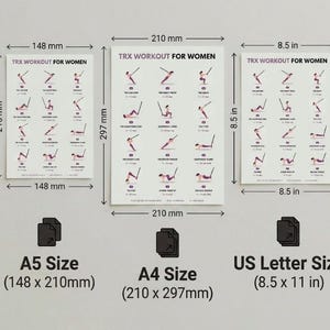 May include: Three white posters with TRX workout diagrams for women. The posters are labeled A5 size (5.8 x 8.3 in), A4 size (8.3 x 11.7 in), and US Letter size (8.5 x 11 in). Each poster displays various exercise illustrations.
