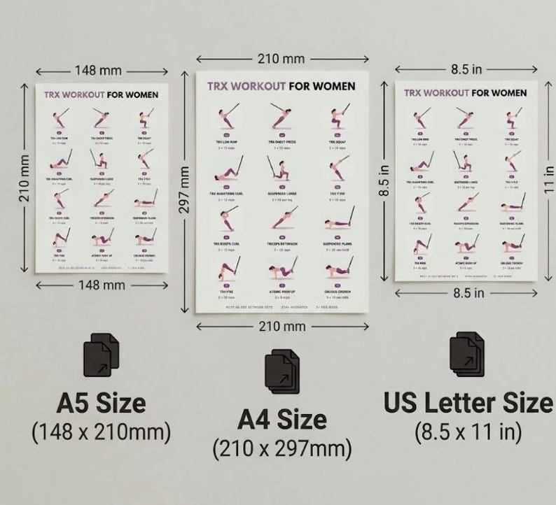 May include: Three white posters with TRX workout diagrams for women. The posters are labeled A5 size (5.8 x 8.3 in), A4 size (8.3 x 11.7 in), and US Letter size (8.5 x 11 in). Each poster displays various exercise illustrations.
