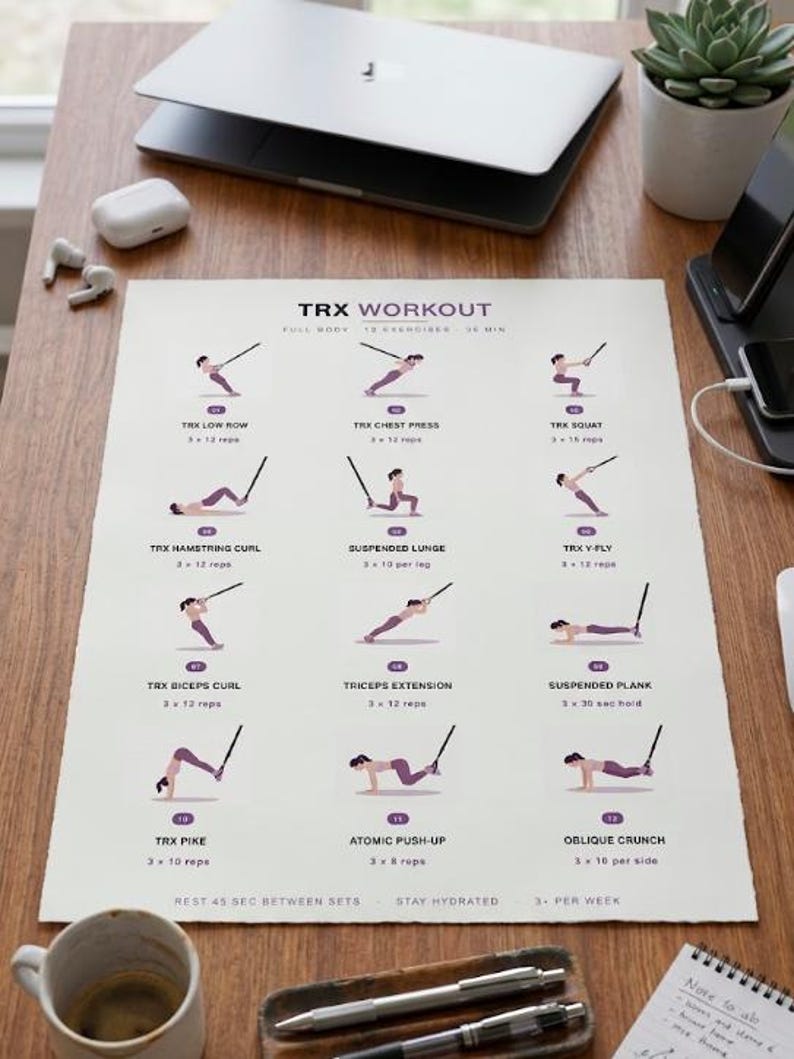 May include: A workout poster with the title "TRX WORKOUT" displays 12 exercises with illustrations and instructions. The exercises include TRX Low Row, Chest Press, Squat, and more. The poster is on a wooden desk with a laptop and accessories.