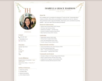 Sorority Resume Template With Photo, Rush Resume Template, Sorority Rush Resume, Cover Letter, PNM Resume, Sorority Package